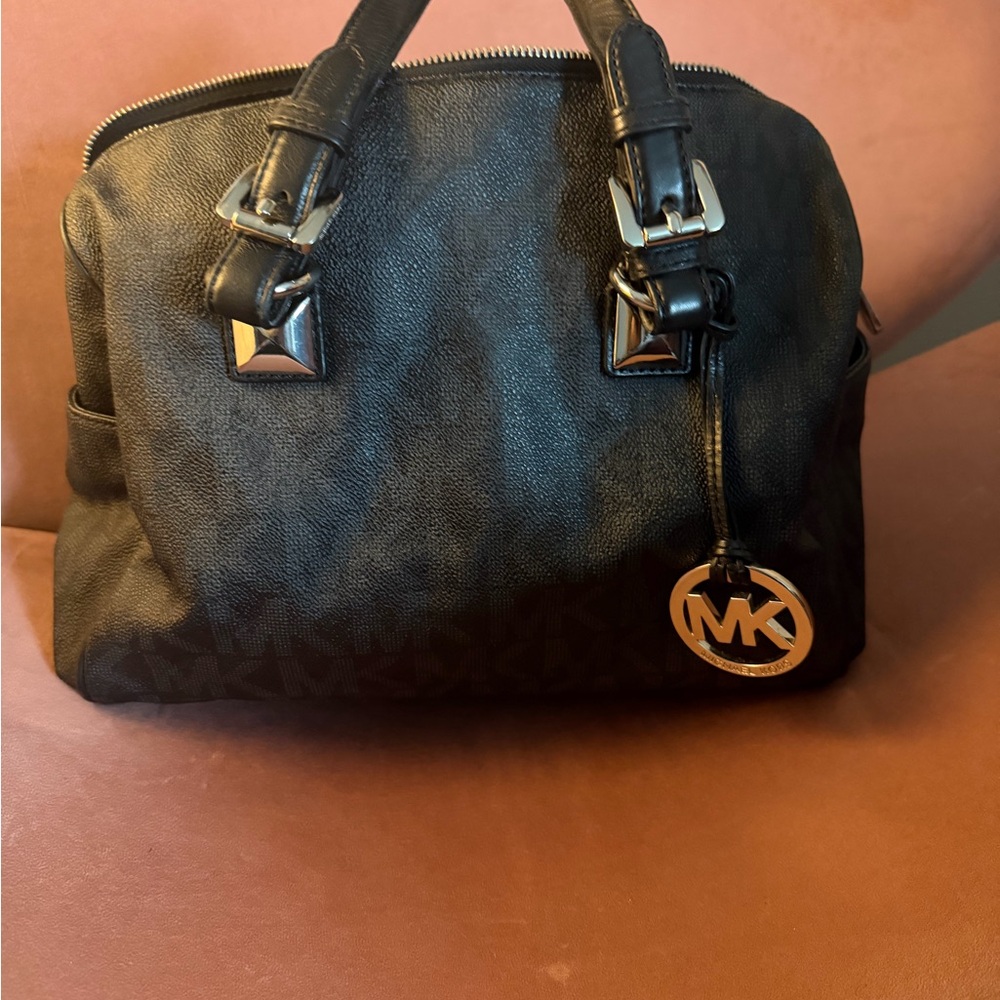Michael Kors Black Logo-Print Dome Satchel with Gold Charm